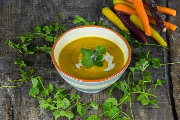 Sopa picada de cenoura e coentro — Fotografia de Stock