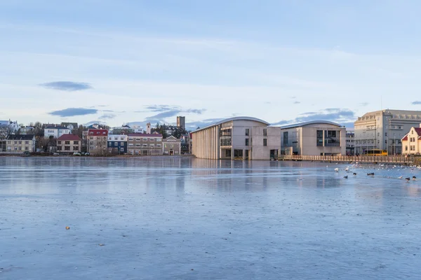 Bevroren meer Tjornin in Reykjavik, IJsland — Stockfoto