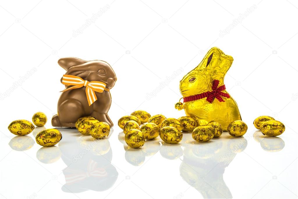 Easter chocolate bunnies and golden eggs