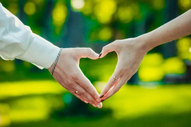 Yeşil bir çimenliğin arka planındaki ellerden gelen kalp.