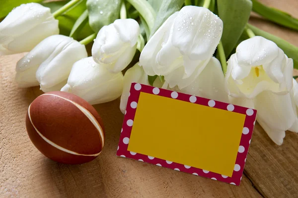 Easter egg en witte tulpen op houten tafel. — Stockfoto