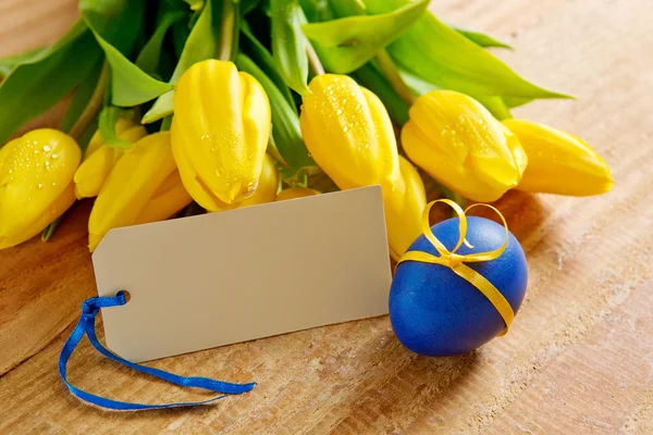 Žluté tulipány a prázdné přání . — Stock fotografie