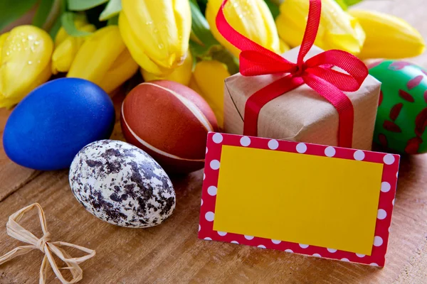 Easter greeting card and colorful eggs. — Stock Photo, Image