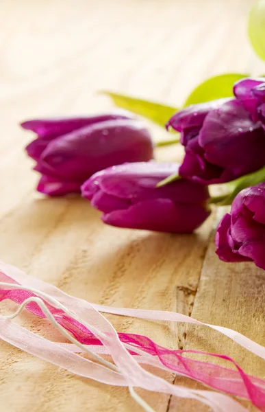 紫チューリップ花束とカラフルなリボン. — ストック写真