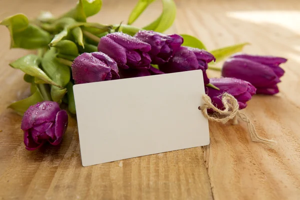 Tulipanes morados con tarjeta blanca sobre fondo de madera . — Foto de Stock