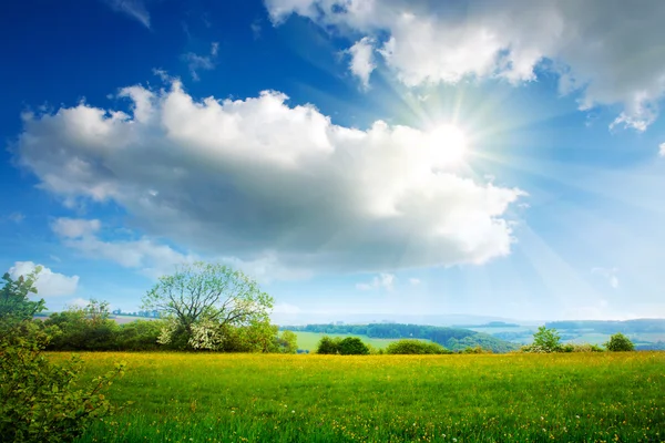 Sommar landskap med sol och moln. — Stockfoto