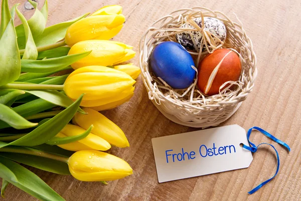 Happy  Easter card and tulips. — Stock Photo, Image