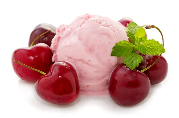 Ice cream and fresh red cherries. — Stock Photo, Image