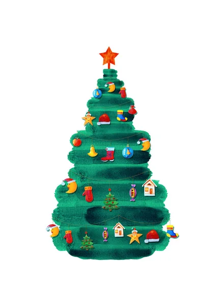Akwarela jodła z girlandą świąteczną kolorowe zabawki izolowane na białym. — Zdjęcie stockowe
