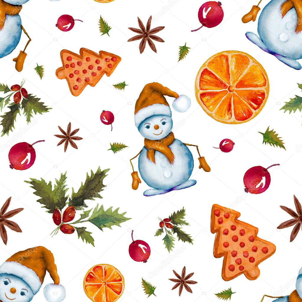Christmas watercolor seamless pattern with snowmans and cookies isolated on white.