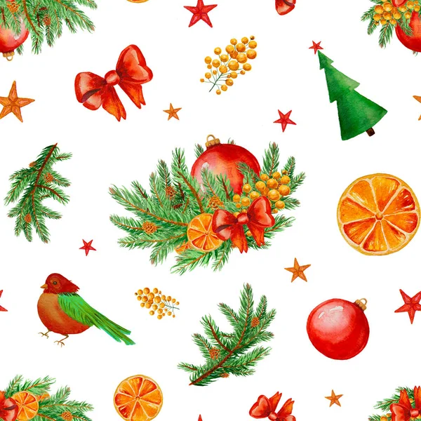 Watercolor Christmas pattern with colorful icons isolated. — Stock Photo, Image
