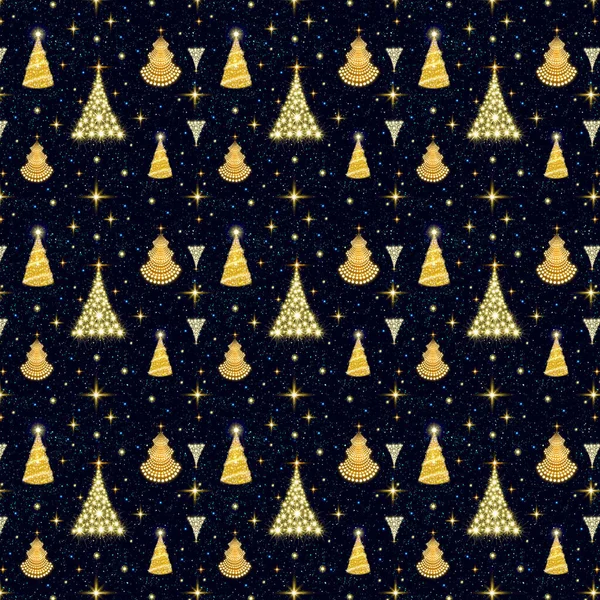 Zlaté vánoční stromky Bezešvé vzor pro texturu tkaniny nebo balicí papír. — Stock fotografie