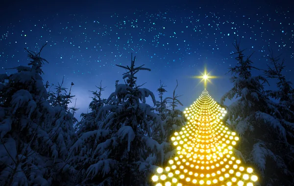 황금색 크리스마스 트리 겨울 숲과 하늘에 빛나는 별들. — 스톡 사진
