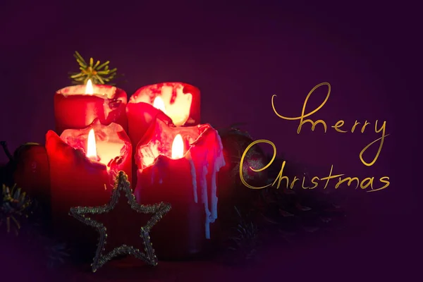 Four red burning Advent candles and decoration. . Christmas background. — Stock Photo, Image