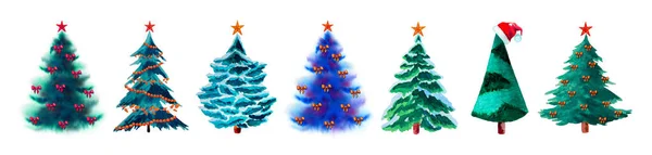 Aquarell-Tannenbäume mit Weihnachtssternen isoliert auf Weiß. — Stockfoto