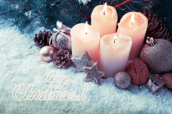 Merry Christmas background with four advent candle and decoration. — Stock Photo, Image