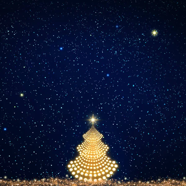 Χριστουγεννιάτικο δέντρο απομονωμένο στον ουρανό με τα μπλε αστέρια. Χριστουγεννιάτικο φόντο. — Φωτογραφία Αρχείου