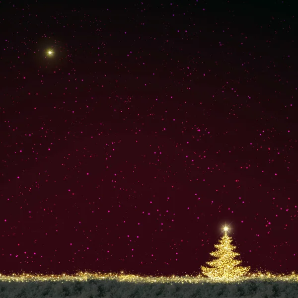 Albero di Natale isolato sul cielo stellato rosso. Sfondo di Natale. — Foto Stock