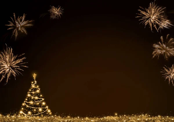 Αφηρημένο χρωματιστό πυροτέχνημα και χρυσό χριστουγεννιάτικο δέντρο. Νέο Έτος φόντο. — Φωτογραφία Αρχείου