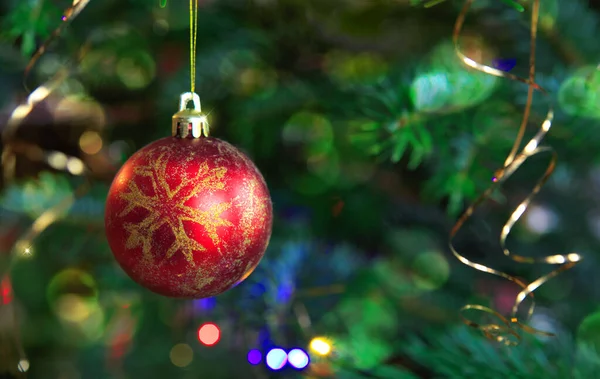 Czerwona Świąteczna Piłka wisząca na gałęzi. Kontekst świąt. — Zdjęcie stockowe