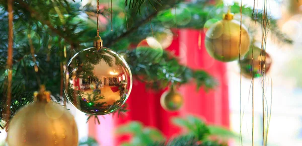 Bola de Navidad colgando de una rama de abeto. Fondo de Navidad. —  Fotos de Stock