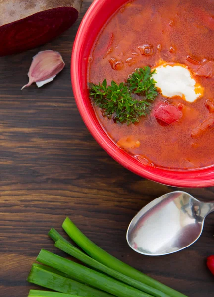 Sopa de borscht rojo con perejil en tazón marrón sobre madera. — Foto de Stock