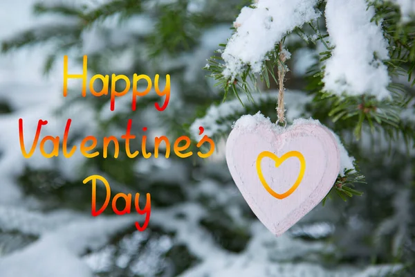 Pink heart on snow covered pine branch .Valentines day background. — Stock Photo, Image