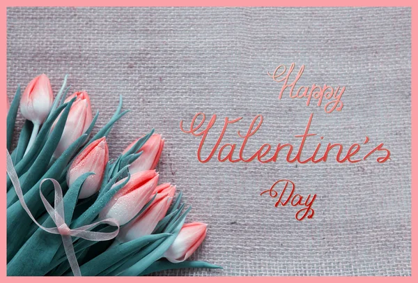 Happy Valentines Background with red tulips — Stock Photo, Image