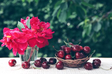 Büyük kirazlar ve kırmızı şakayıklar yeşil bardakta izole edilmiş..