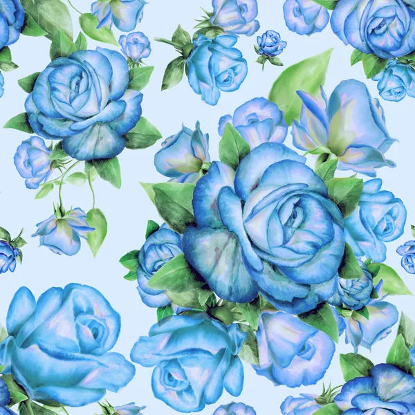 Seamless pattern with blue roses and green leaves on background. — Stock Photo, Image