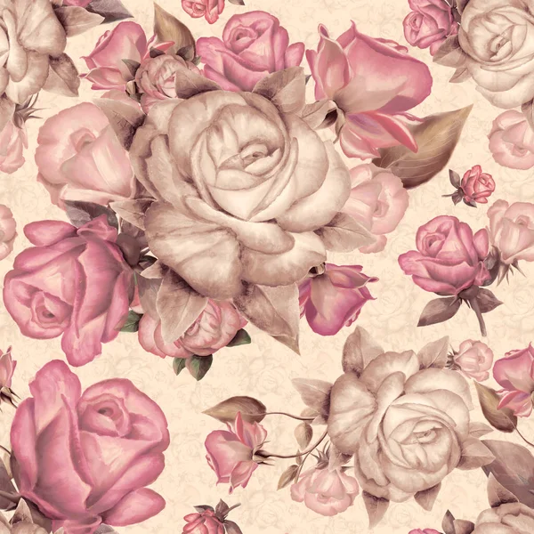 ピンクと茶色のバラと葉を背景にしたシームレスなパターン. — ストック写真