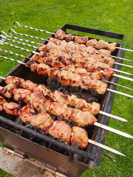 Shashlik mariné se préparant sur un barbecue au charbon de bois. — Photo