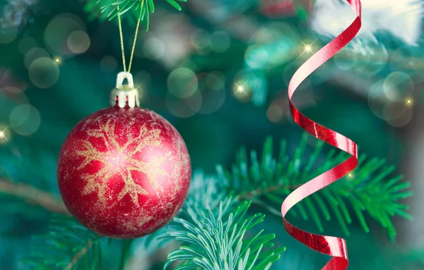 Χριστουγεννιάτικη κόκκινη μπάλα κρέμεται σε κλαδιά πεύκου με εορταστική φόντο — Φωτογραφία Αρχείου