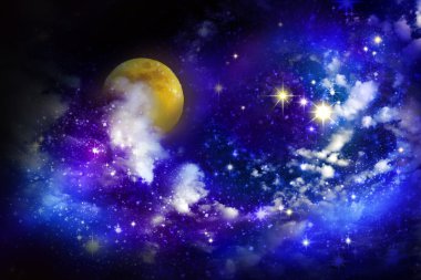 Yıldızlar ve gece gökyüzünde dolunay.