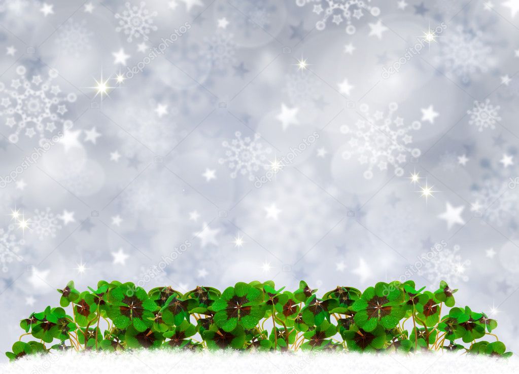 Silver Christmas Background and  clover leaves.