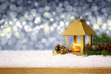 Kış fener ve kar Noel arka plan.