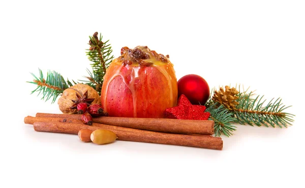 Baked apple with Christmas decoration isolated. — Stock Photo, Image