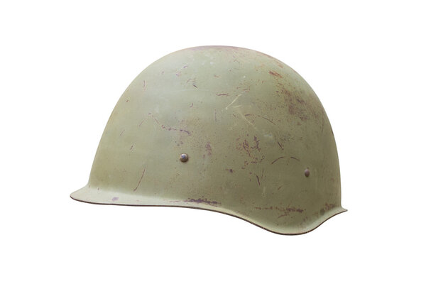 Old military helmet from Second World War with scratches and rust. Isolated on white, clipping path included.