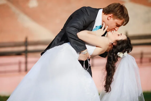 Groom gentle tilted bride, holding her in his arms and passionately kisses, wedding photo on a sunny day, background of sand-colored walls. Newly married couple dancing at park, street tango. — 图库照片