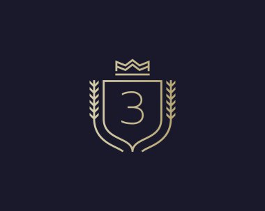 Premium number 3 ornate logotype. Elegant numeral crest logo icon vector design. Luxury figure shield crown sign. Concept for print or t-shirt .