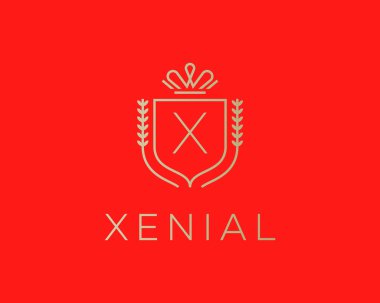 Elegant monogram letter X logotype. Premium crest logo design. Shield, royal crown symbol. Print, t-shirt shape.