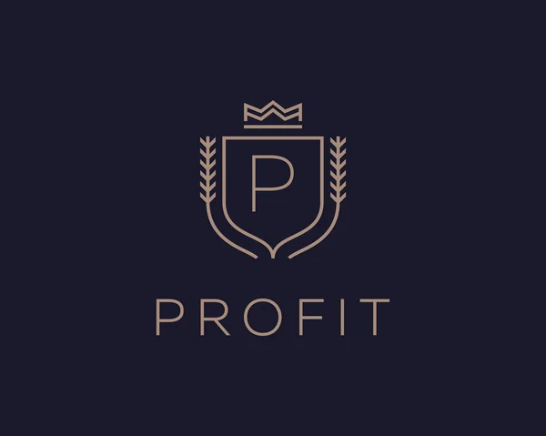 Premium monogram letter P initials ornate signature logotype. Elegant crest logo icon vector design. Luxury shield crown sign. — Vetor de Stock