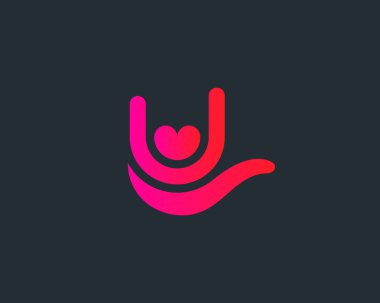 Kol logosu tasarım şablonunun yaratıcı parlak gradyan işareti. Soyut kalp rock festivali rock-n-roll amblemi kavramının ana hatları koyu arkaplanda izole edilmiş ikon.