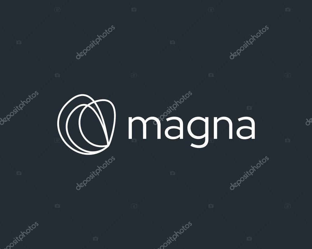 Abstract waves curving rings circles logo design template. Universal white lines creative vector icon sign logotype isolated on dark background