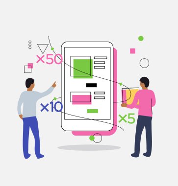 Adam elinde bir kutu olan başka bir adamı akıllı telefondan açık bir uygulama ile gösteriyor. E-ticaret, çevrimiçi mağaza, taşımacılık, analiz, büyüme, kar, takım çalışması.