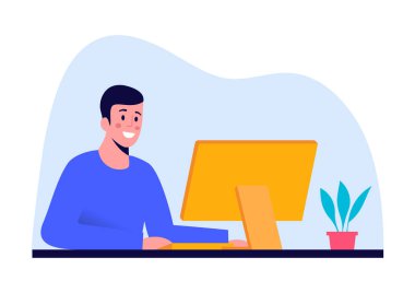 Ofiste ya da evde bilgisayar başında çalışan gülümseyen bir adam. Bilgisayar masada - monitör, klavye ve saksı bitkisi. Çalışma süreci, serbest çalışma, ev ofisi, ofis çalışanı. Vektör illüstrasyonu.