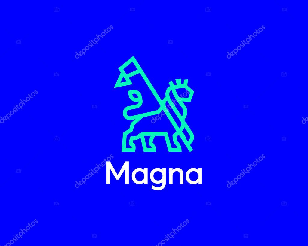 Lion with a flag logo design template. Premium king, power, grandeur vector sign symbol mark logotype