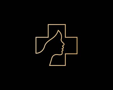 Profil logo tasarım şablonunda kadın yüzü siluetiyle soyut ince çizgi kesişiyor. Premium düz kadın sağlığı, kozmetoloji, estetik cerrahi vektör logoti, amblem veya sembol.