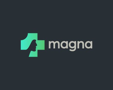 Profil logosu tasarım şablonunda insan yüzü silueti olan soyut bir haç. Evrensel minimalist tıbbi, klinik, eczane vektör logoti