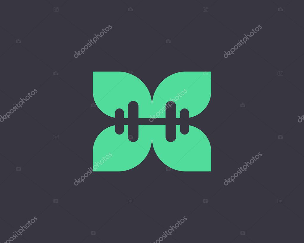 Abstract dumbbell, leaf, flower logo design template. Minimalistic sport, letter h, eco vector sign symbol mark logotype